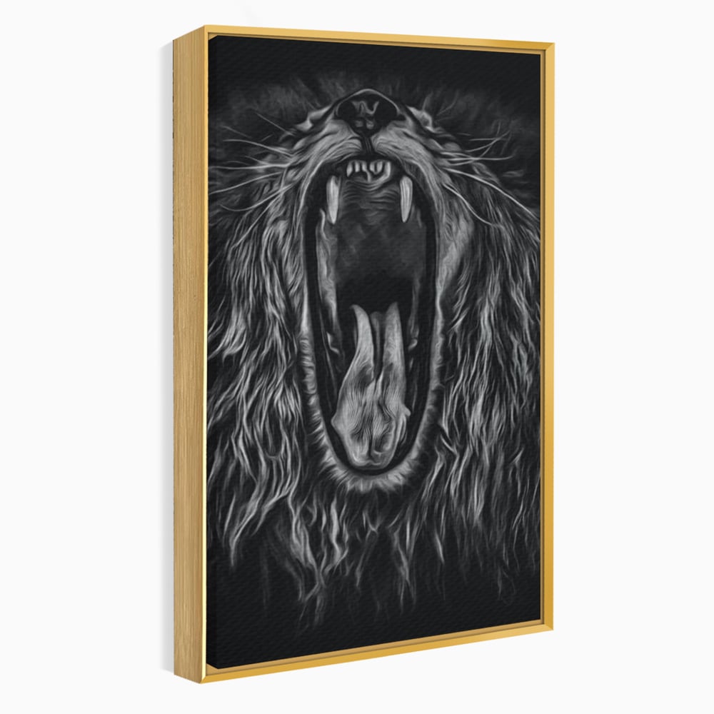Tablou Canvas cu Leu Care Raguseste, Alb si Negru, M1385